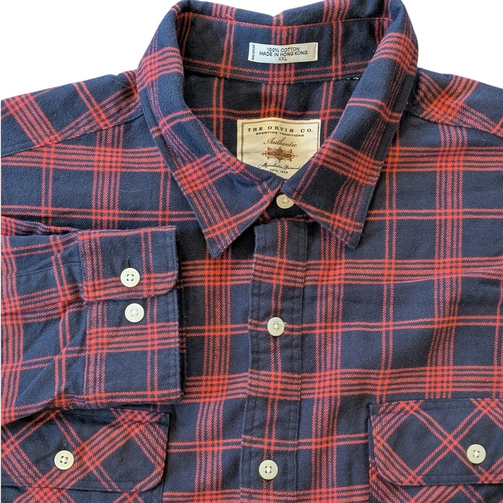 Orvis Mens XXL Navy Red Plaid Cotton Flannel Button Down Shirt 4R41